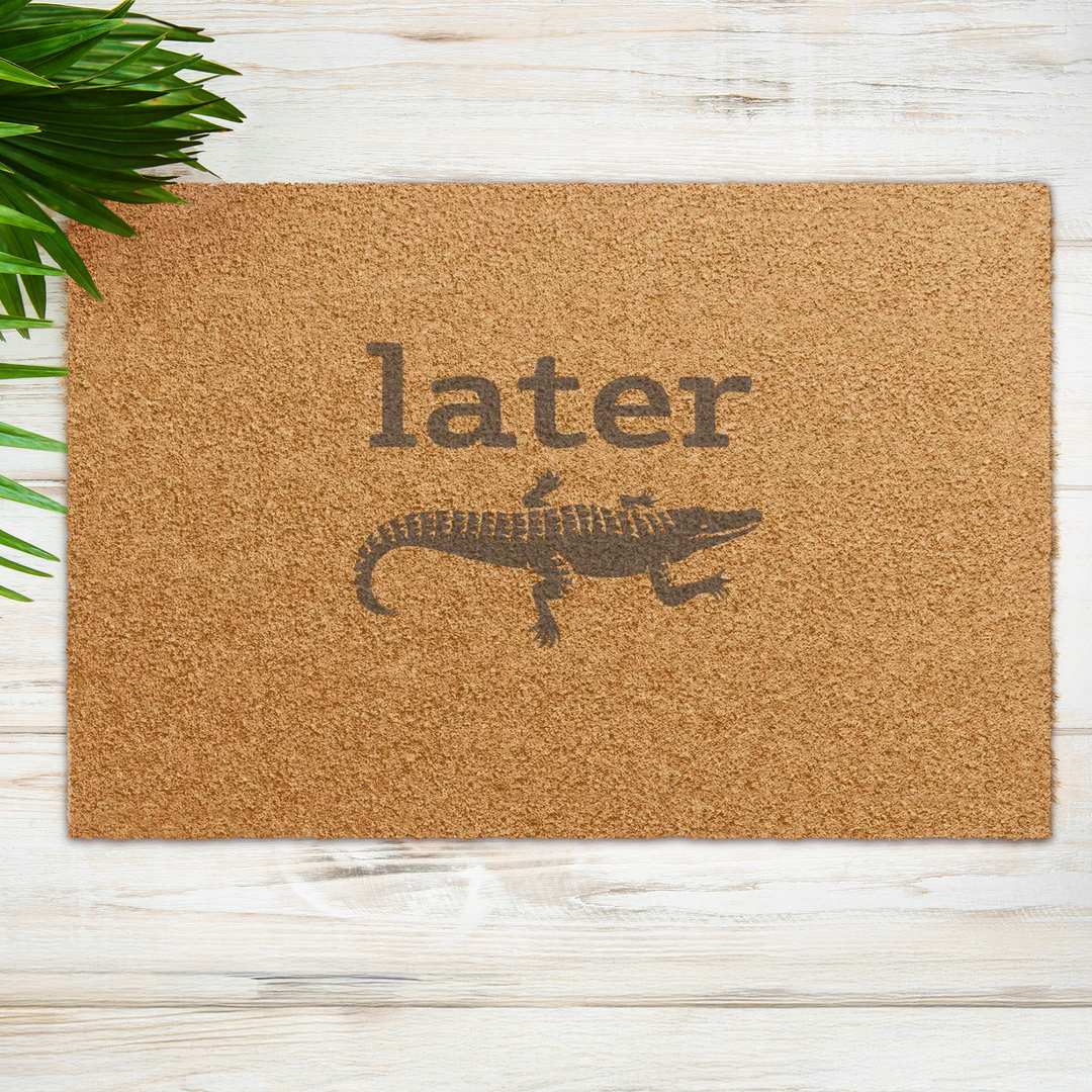 Later Gator Doormat styled on a front porch with outdoor decor